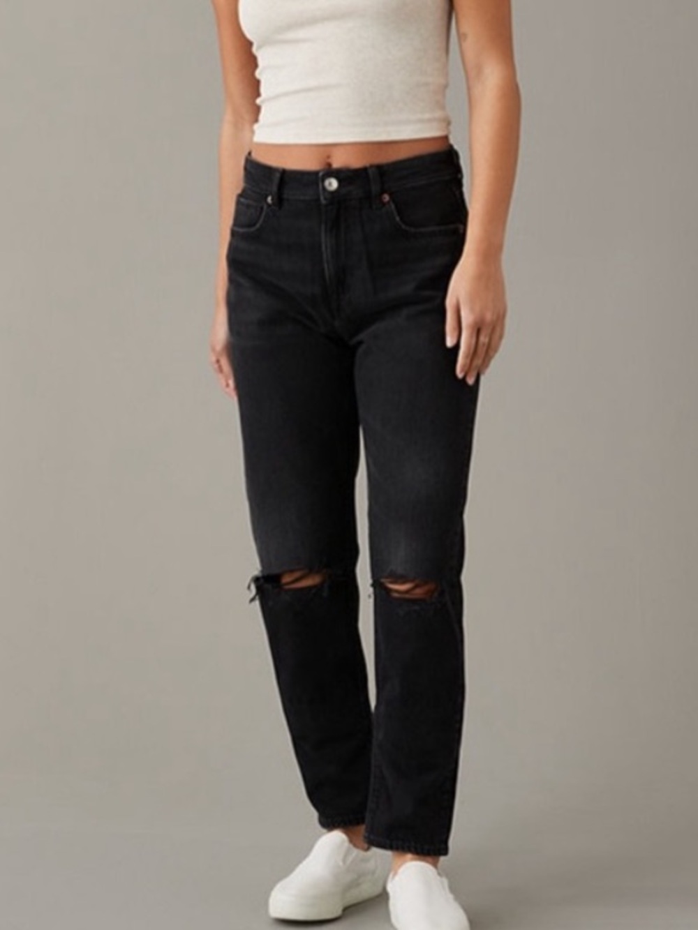 American Eagle Black Straight Leg Jeans with Knee Rips